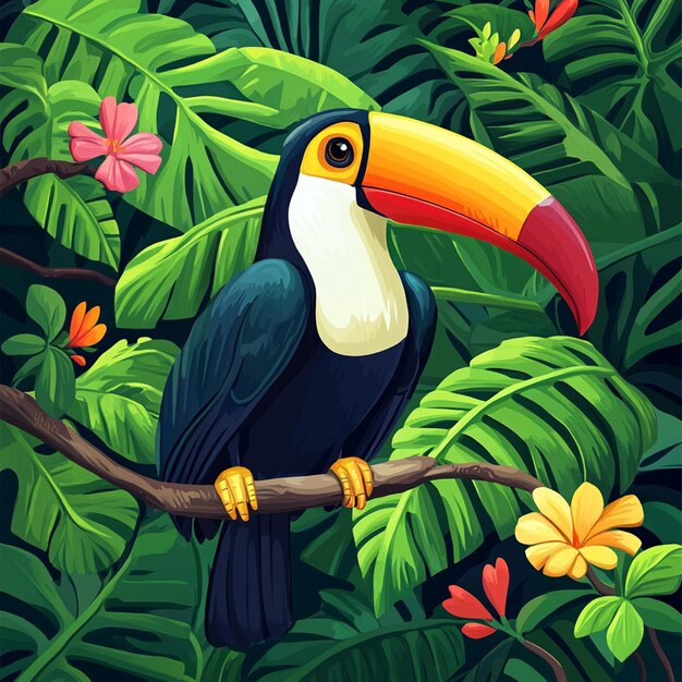 Toucan Perched on Branch in Rainforest