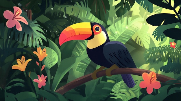 Photo toucan perched on branch in rainforest