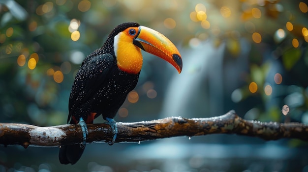 Photo a toucan perched on a branch with water droplets