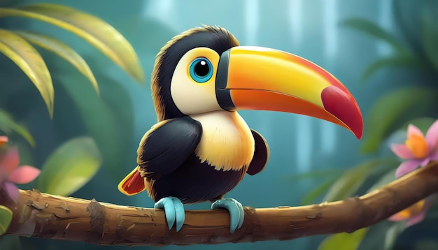 Photo a toucan perches on a branch its large beak pointed towards the jungle