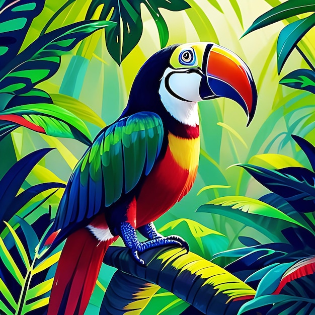 Toucan perching on branch vibrant feathers in tropical forest generative AI