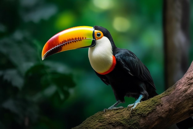 A toucan sits on a branch in a forest.