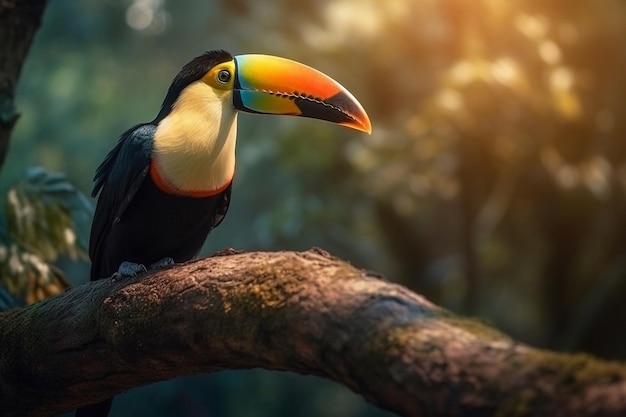 A toucan sits on a branch in a jungle.