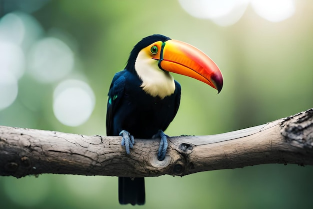 A toucan sits on a branch in a jungle.