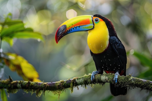 A toucan sits on a branch in the rain in the rainforest