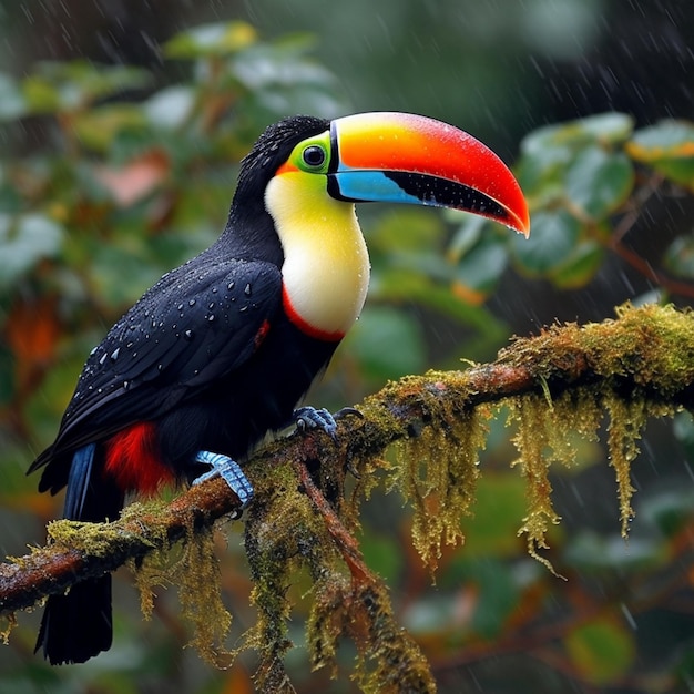 A toucan sits on a branch in the rain.