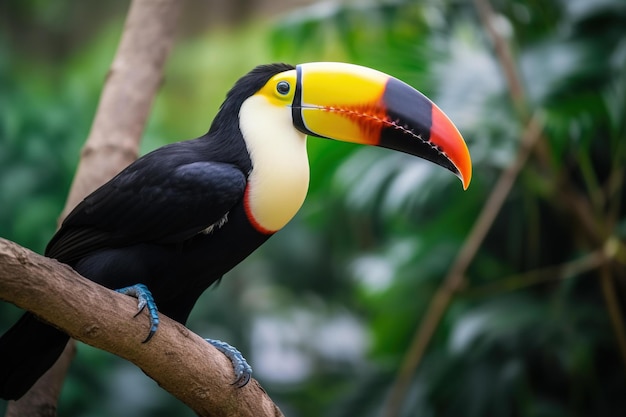 A toucan sits on a branch in a tropical rainforest.