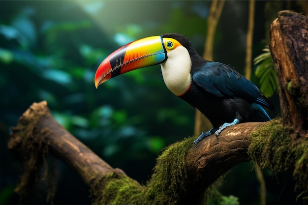 A toucan sits on a branch in a tropical rainforest