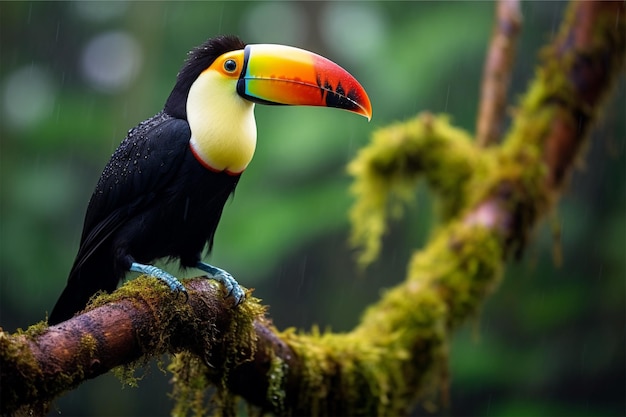 A toucan sits on a branch in a tropical rainforest