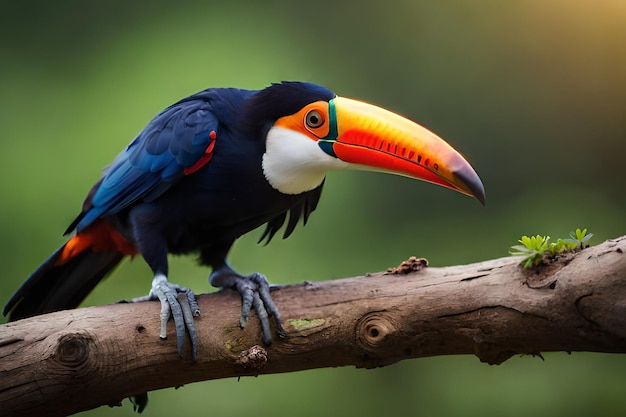 A toucan sits on a branch with a green background.