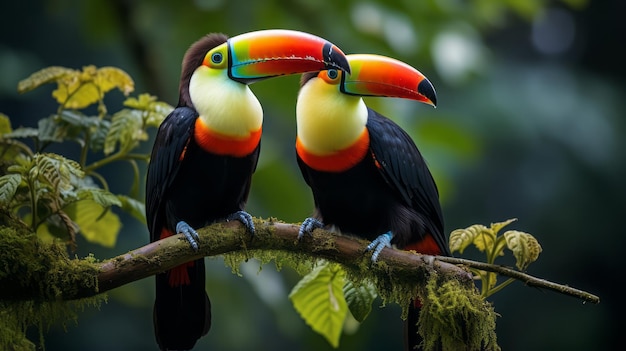 Toucan sitting on the branch in the forest green vegetation