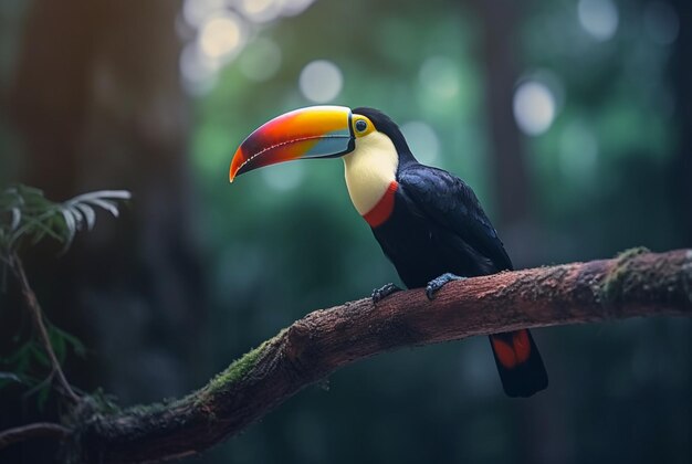 Toucan sitting on a branch in forest with blurred background