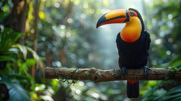 Toucan tropical bird sitting on a tree branch in natural wildlife environment in rainforest jungle