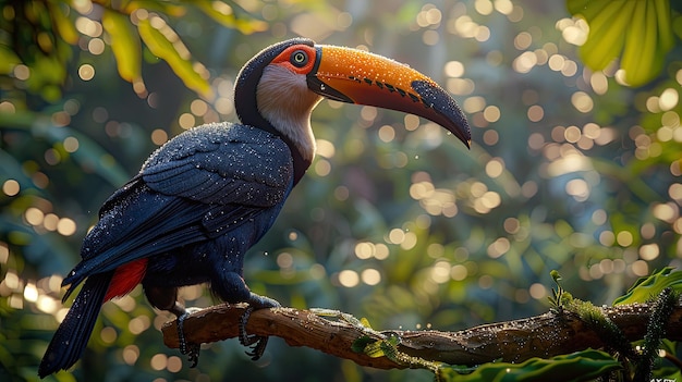 Toucan tropical bird sitting on a tree branch in natural wildlife environment in rainforest jungle