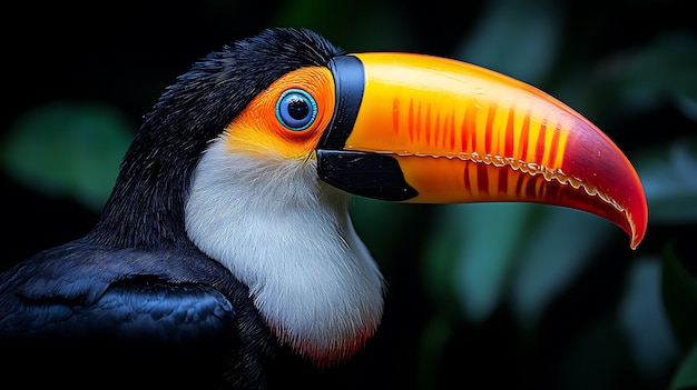 Photo a toucan with a large orange and red beak a white throat and blue eyes