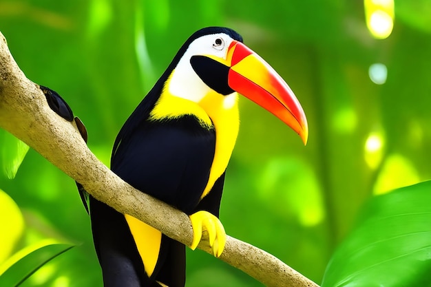 A toucan with a vibrant yellow and black plumage perched on a branch in a dense jungle generated Ai