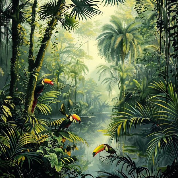 Toucans in the Misty Jungle