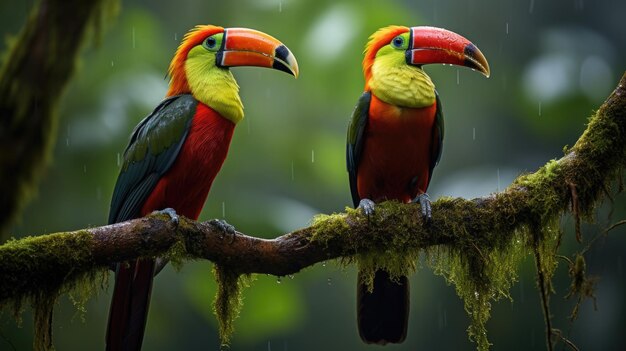 Toucans perched on a branch in a rainforest