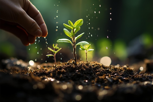 Touch of care Hand adds soil on green bokeh symbolizing planting or tribute