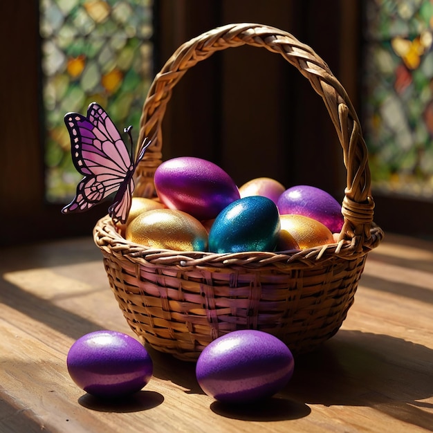 A Touch of Spring Easter Basket with Colorful Eggs and a Butterfly on the top