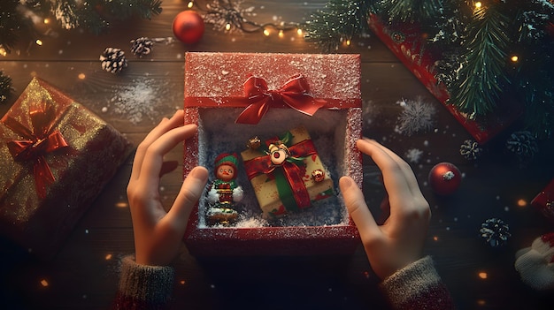 Photo touching holiday surprise two hands unwrapping a christmas gift box to reveal a delightful toy insi