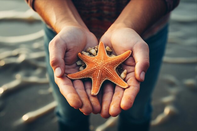 Photo touching humanity the power of a mans hands holding starfish by the sea