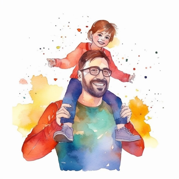 A touching watercolor illustration of a father and kid smiling and bonding