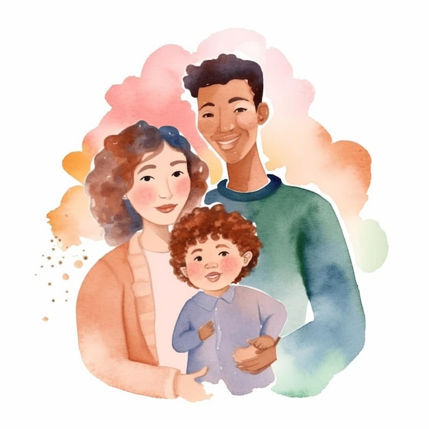 A touching watercolor illustration of a mix race family smiling and bonding