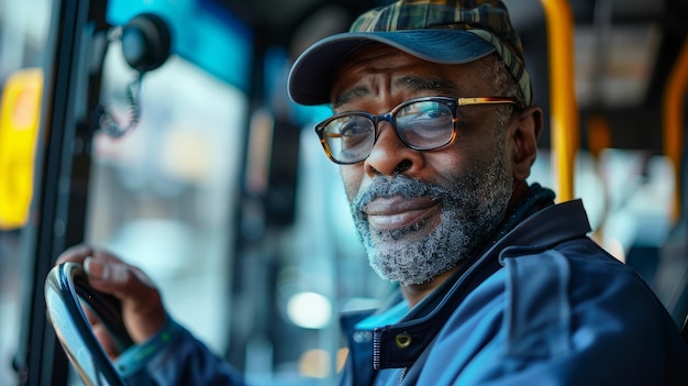 Tour Bus Driver with a cap and holding a microphone