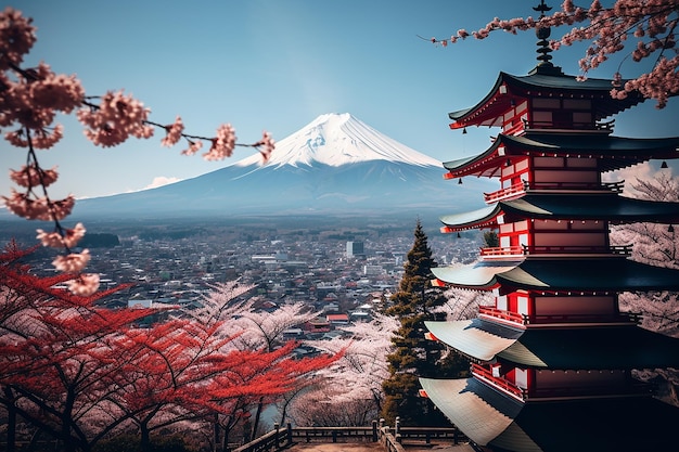 Tour Destination of Red Chureito Pagoda in Japan with Fuji Mountain and Cityscape in Springtime