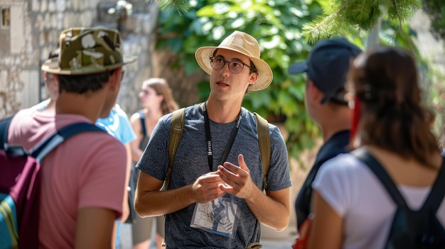 Photo tour guide leading a group of tourists on a historical walking tour in a sunny outdoor setting