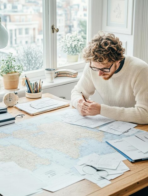 Photo a tour manager working on logistics for an artists international tour with maps schedules and contracts laid out in front of them showcasing the business of live music