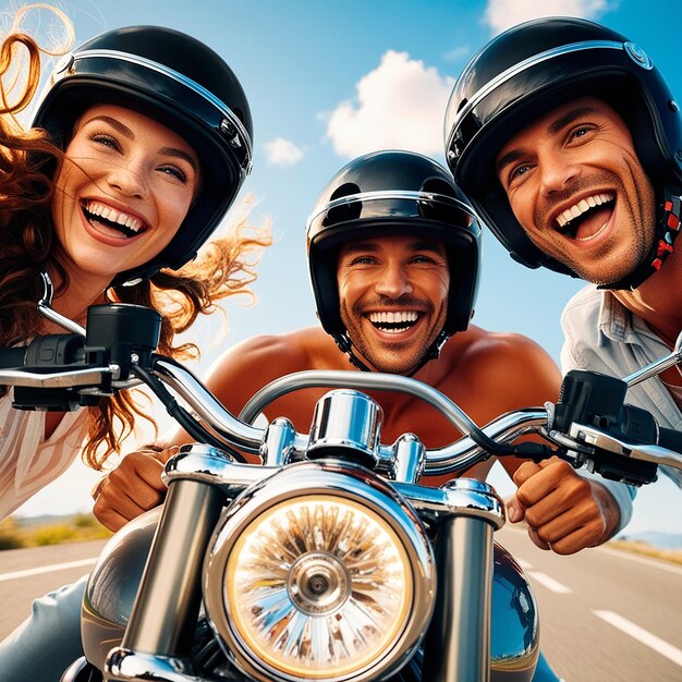 Photo tour on motorbike low angle of merry optimistic couple wearing helmets and smiling