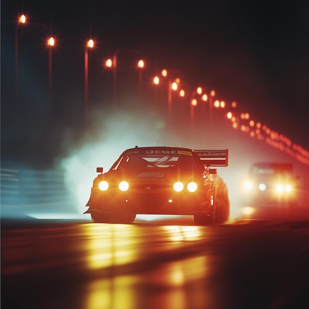 A touring car driving under floodlights during a night race event