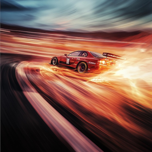 A touring car in a highspeed corner with visible tire smoke and motion blur