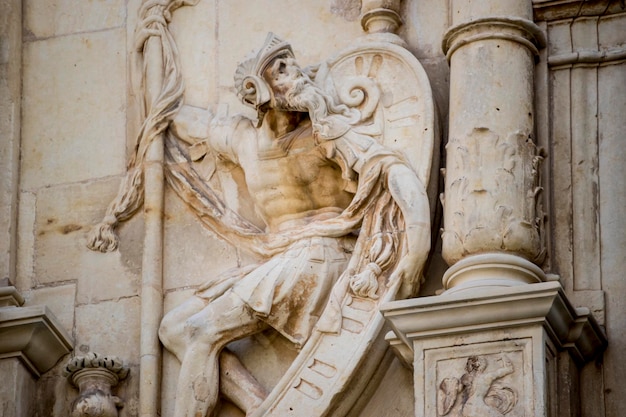 Tourism, Details of stone sculptures of the facade of the University of Alcalá de Henares. Madrid, Spain