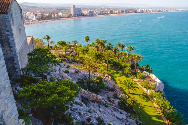 Tourism, spanish landscape with deep blue sea andmediterranean  architecture