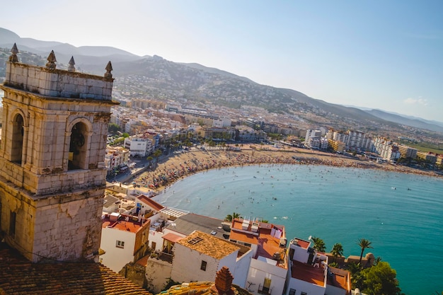 Tourism, spanish landscape with deep blue sea andmediterranean  architecture