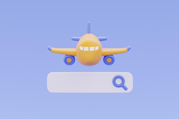 Tourism and travel Booking airline tickets online with yellow airplane and search bar 3d rendering