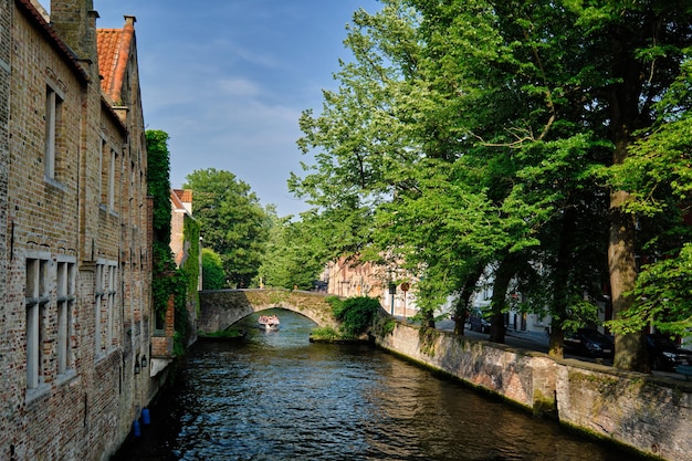 Tourist boat in canal Brugge Bruges Belgium