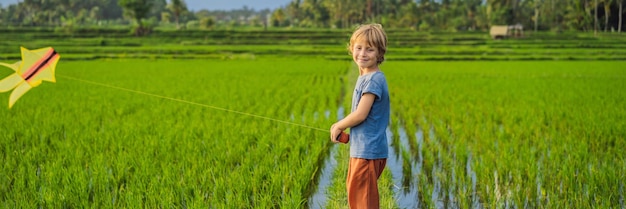 Tourist boy launches a kite in a rice field traveling with children concept kids friendly place