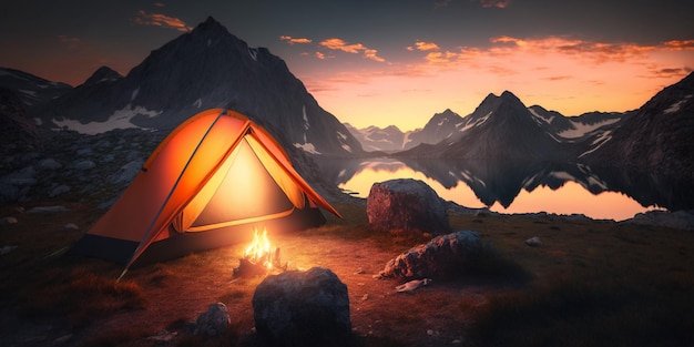 The tourist camping tent is on mountains at sunset time with AI generated