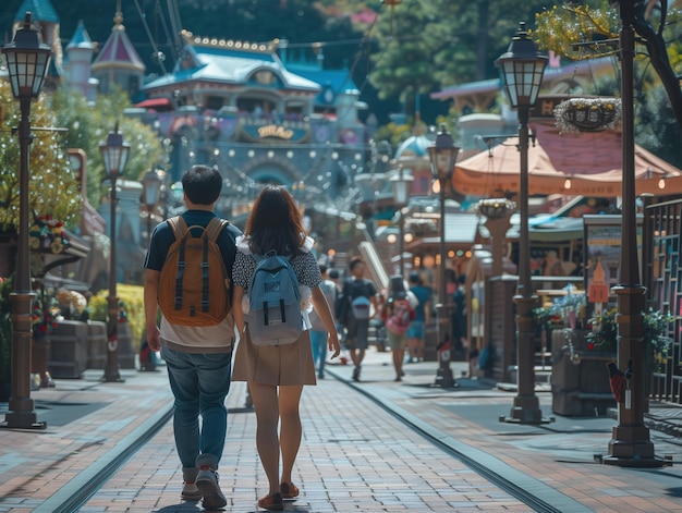 Photo tourist couple walking down street in tokyo