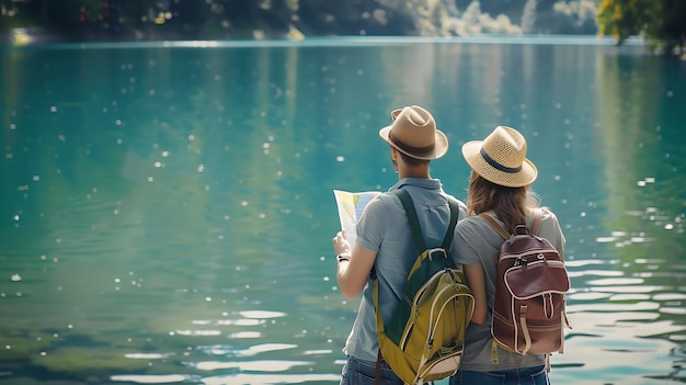 Tourist couple with map looking at lake Summer trip in nature Lifestyle togetherness Generative AI