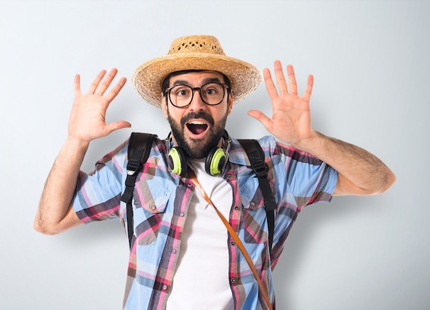 Tourist doing surprise gesture