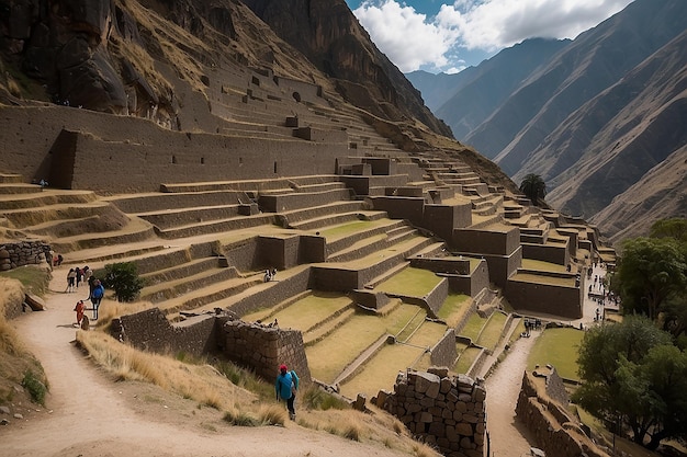 Tourist exploring the inca trails and the archaeological site at ollantaytambo sacred valley travel destination