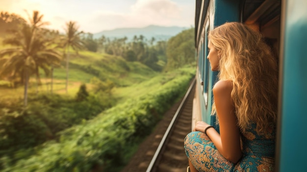 Photo tourist female enjoys a famous scenic train ride