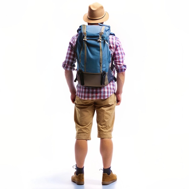 Photo tourist full body with a backpacklooking view from the back on a white background