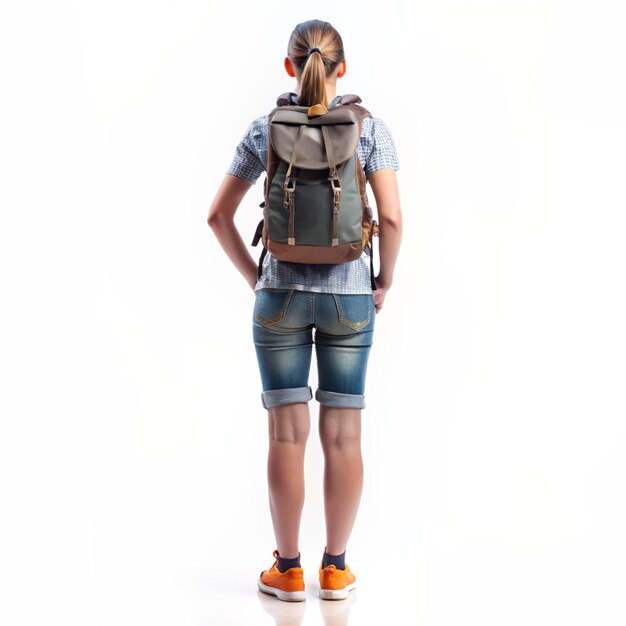 Photo tourist full body with a backpacklooking view from the back on a white background