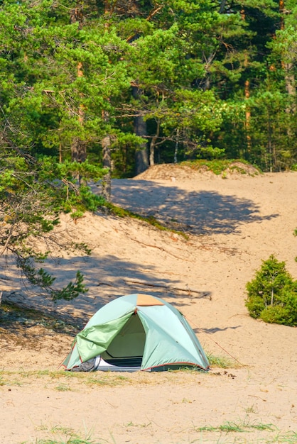 Tourist green tent on the lake Journey to the wild places of nature